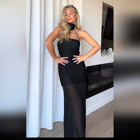 ZARA SHEER TULLE FLORAL DRESS * BLACK - Picture 9 of 14